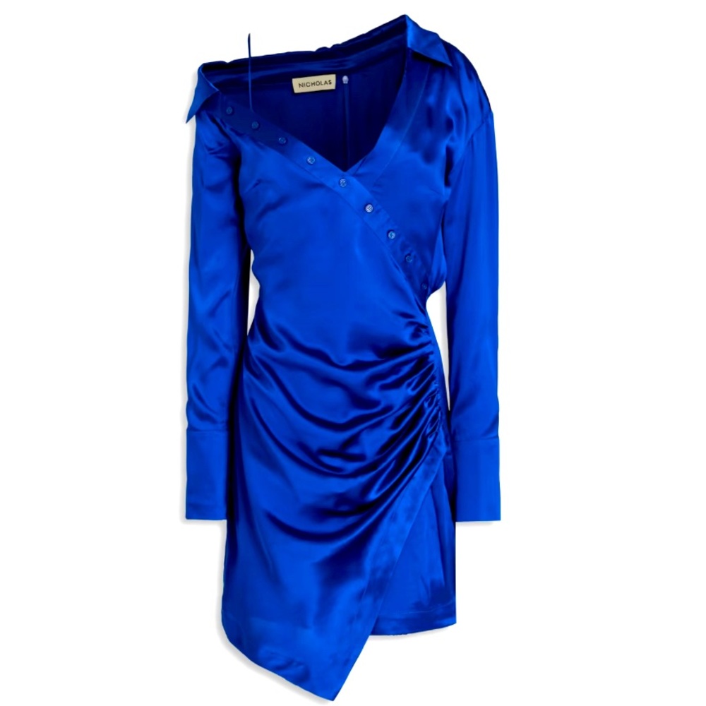 Nicholas Eliana wrap-effect silk satin-crepe shirt dress Blue Sz 6